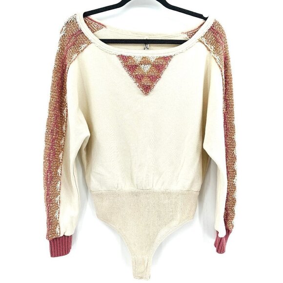 Free People Side Eye Ivory Pink Embroidered Long Sleeve Sweater Small Bodysuit - Picture 1 of 7